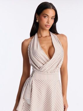 Shelly Stripped Satin Backless Mini Dress- taupe/combo